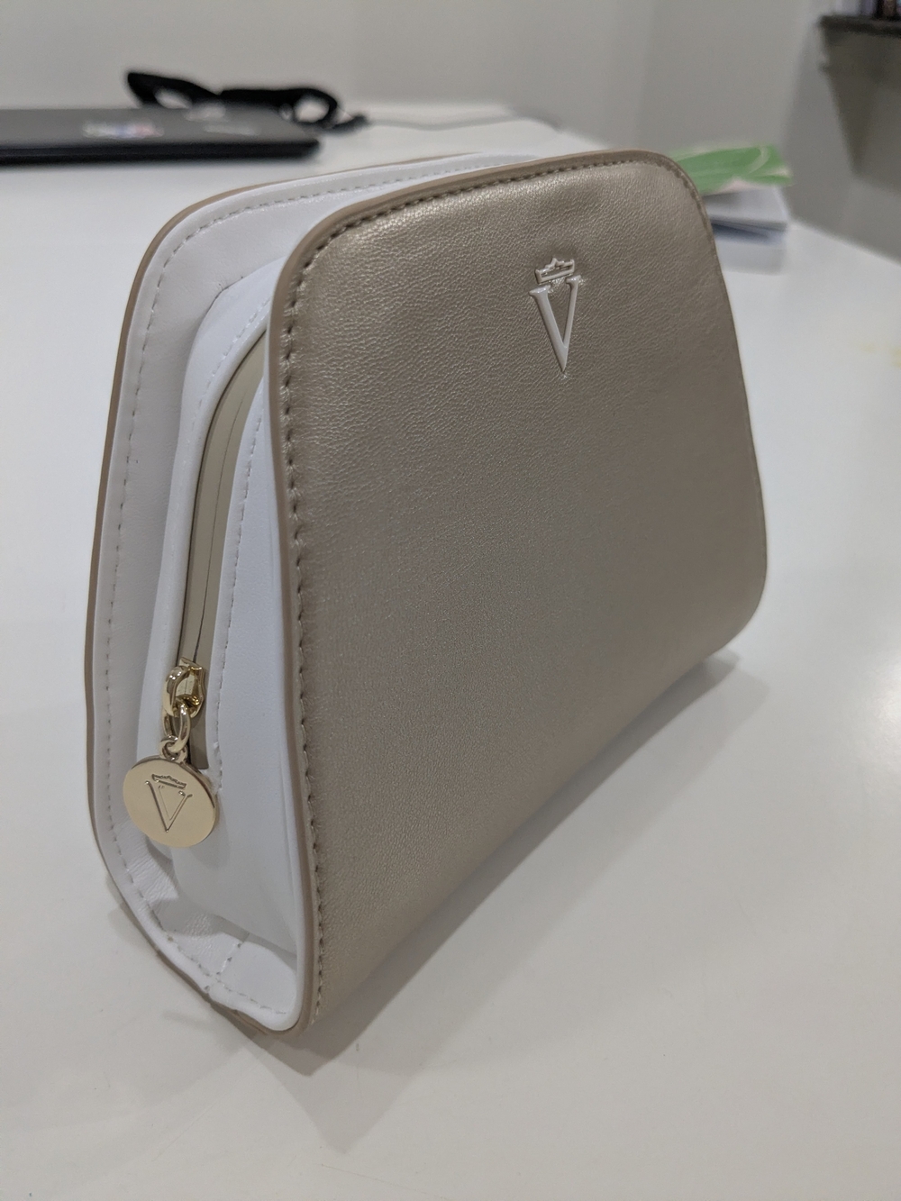 Champagne Gold White Zip Pouch Clutch V Crown Logo Mini Organizer